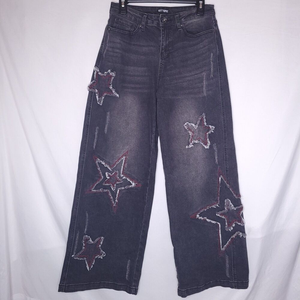 Hot Topic Jeans Womens 3 Small Black Star Distressed Wide Leg